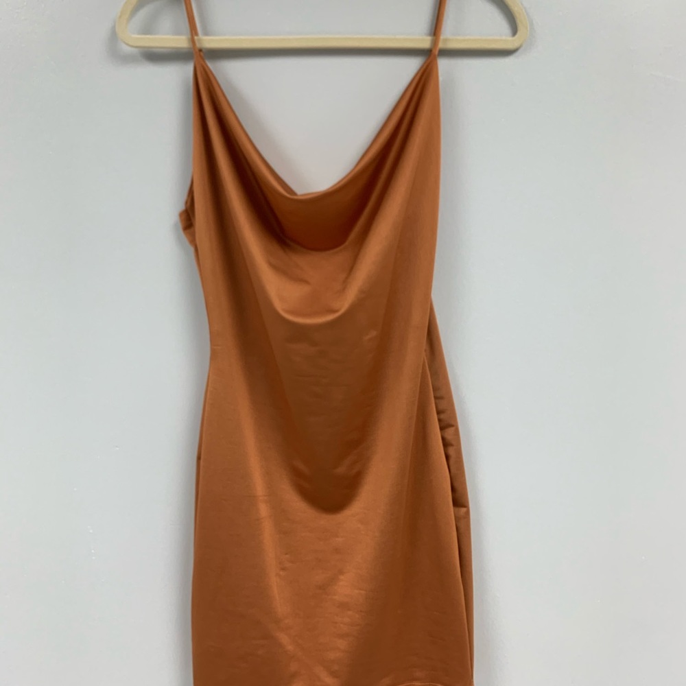 silky orange cowl neck dress